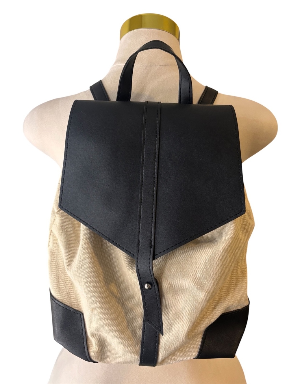 Deux Lux Beige Canvas & Black Faux Leather Minimalist Flap Backpack Bag